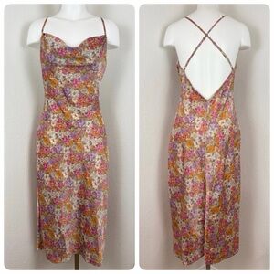 Animari Satin Multi-Floral Midi Cowl Slip Dress